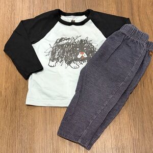 Tea Collection Black Raglan Top with Cream Graphic and Blue Pants Set